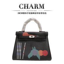 新品凯莉款28cm黑色box皮银扣手绘猫咪彩印彩带包包头层牛皮制作