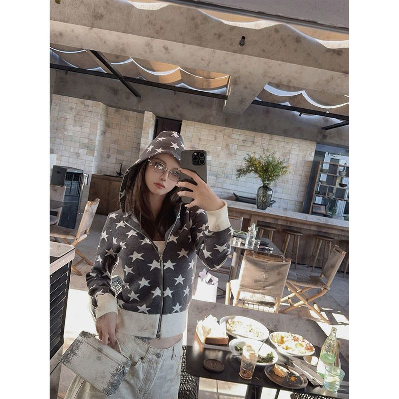 美式复古星星连帽开衫外套女短款辣妹休闲秋季新款设计感小众上衣|undefined