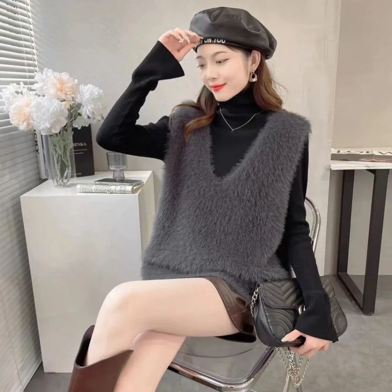Waterproof Mink Velvet Classic Vest Autum Large Size Sweet Loose Slimming Look High-End Unique Chic Wool Knitwear Outer Wear
