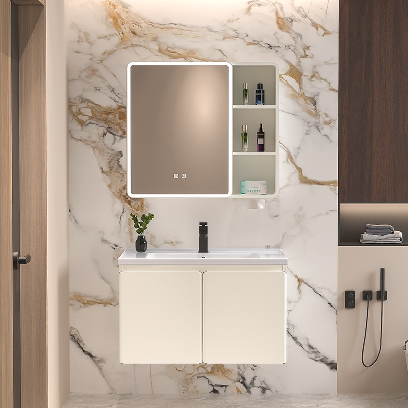 New Style Cream-Colored Stainless Steel Bathroom Cabinet with Beauty Mirror and Integrated Ceramic Basin, Bathroom Washbasin Manufacturer