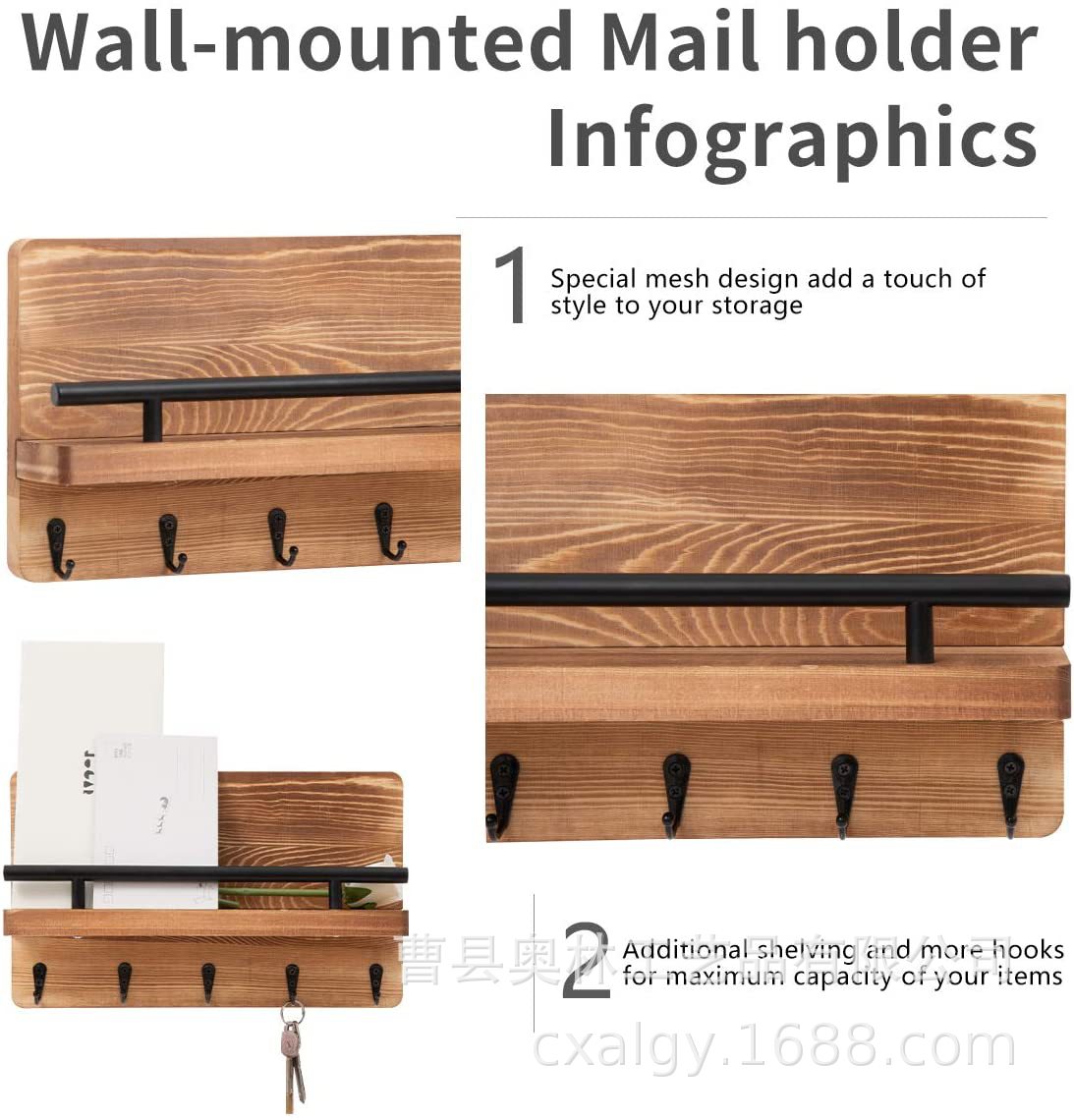 Rack de almacenamiento de gancho de llave de madera montado en la pared de estilo americano estante de almacenamiento de buzón de pared estante de clasificación de correo flotante de madera