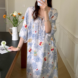 Cotton Silk Home Clothes New Nightgown Girl Mid-Sleeve Sweet Fairy Style Cute Printed Comfortable Pajamas for Women Autumn