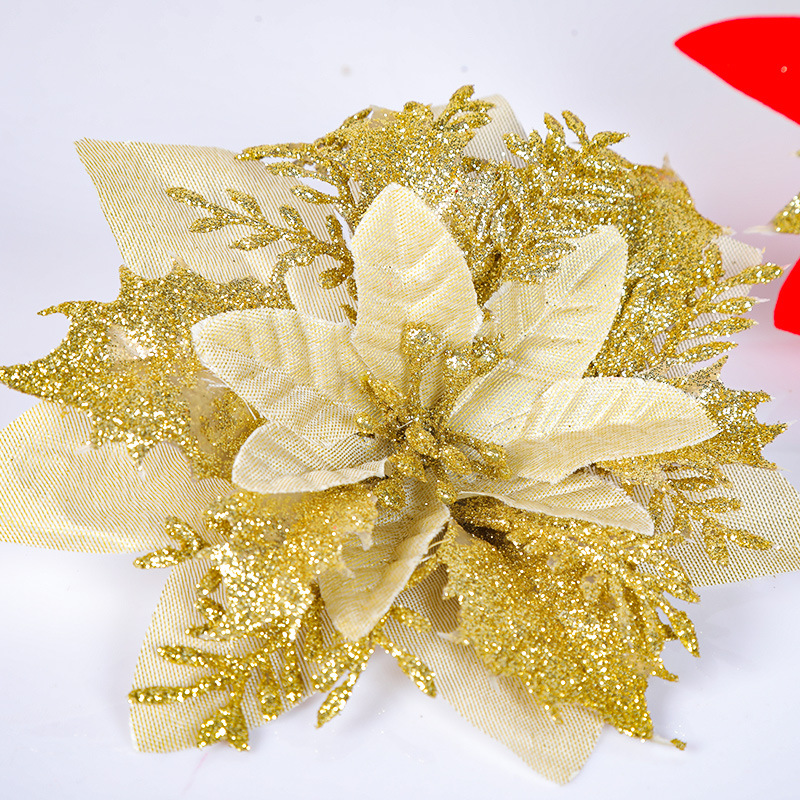 Adornos navideños transfronterizos Flores navideñas rojas doradas Adornos del árbol de Navidad Espolvorear accesorios de flores en polvo hechos a mano Decoración de la escena