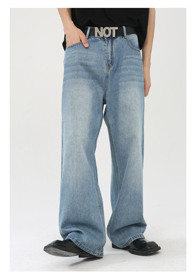 Quần jean nam ống rộng phong cách Hàn, lưng vừa, dài chạm gót, denim mềm mỏng — Màu xanh lam chi tiết 6