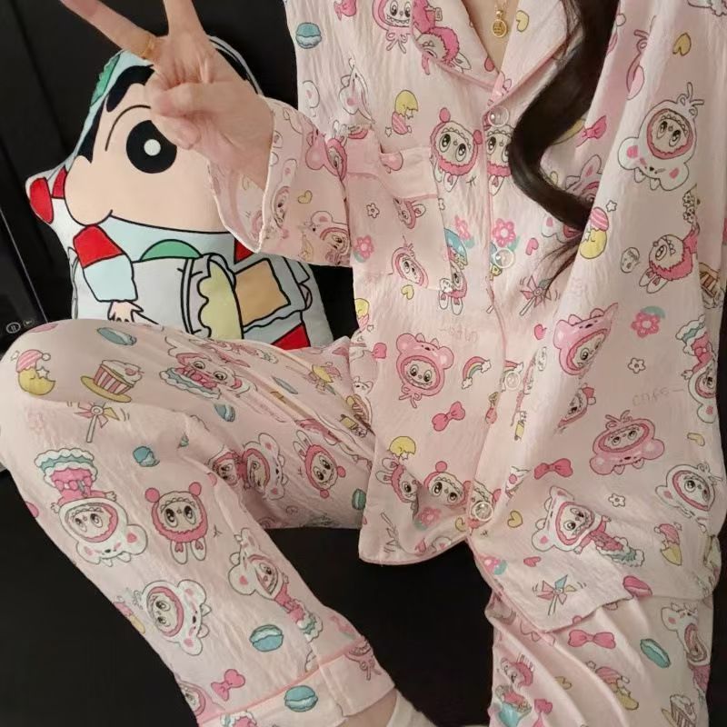满印粉色拉布布睡衣女春秋季长袖长裤ins套装美少女可外出家居服|undefined