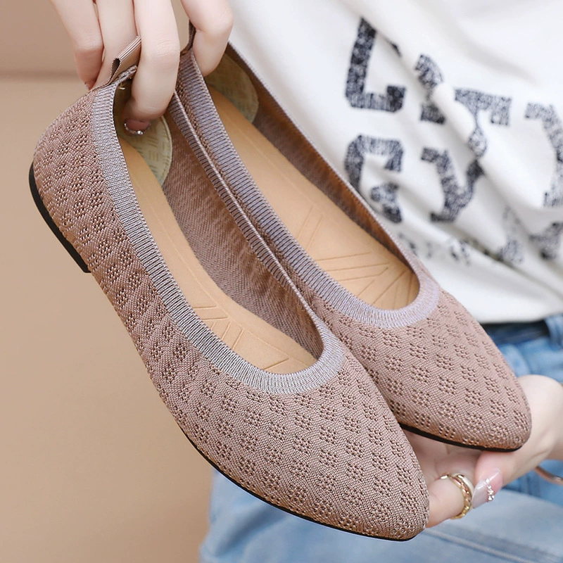 Женская обувь, универсальная летняя повседневная обувь, неглубокий носок, дышащие туфли из трикотажа, модные и не утомляющие, туфли для мам на одной ноге с острым носком.
