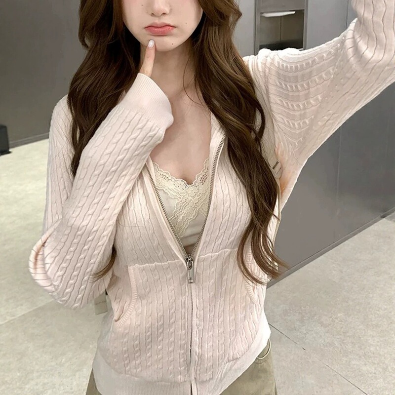 Hooded Zipper Hollow-Out Knit Cardigan for Women, Slim-Fit Short Style with a Soft Texture, Flattering and Slimming Long-Sleeve Sweater Knit Jacket