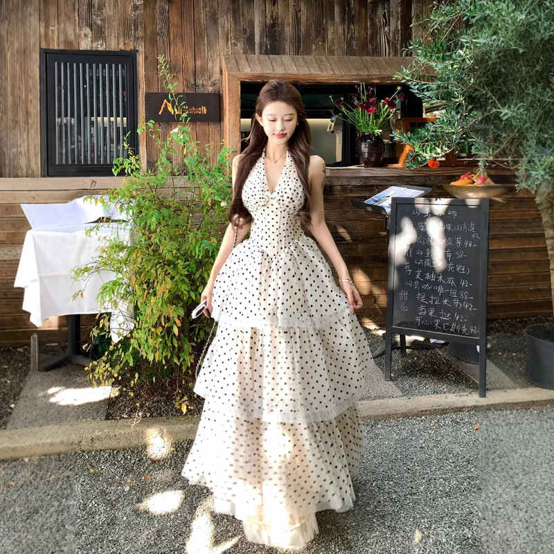 Atmospheric and Stunning Summer Dress, Super Fairy and Beautiful Girl Hepburn Style Neck Point Halterneck High Waist Long Skirt
