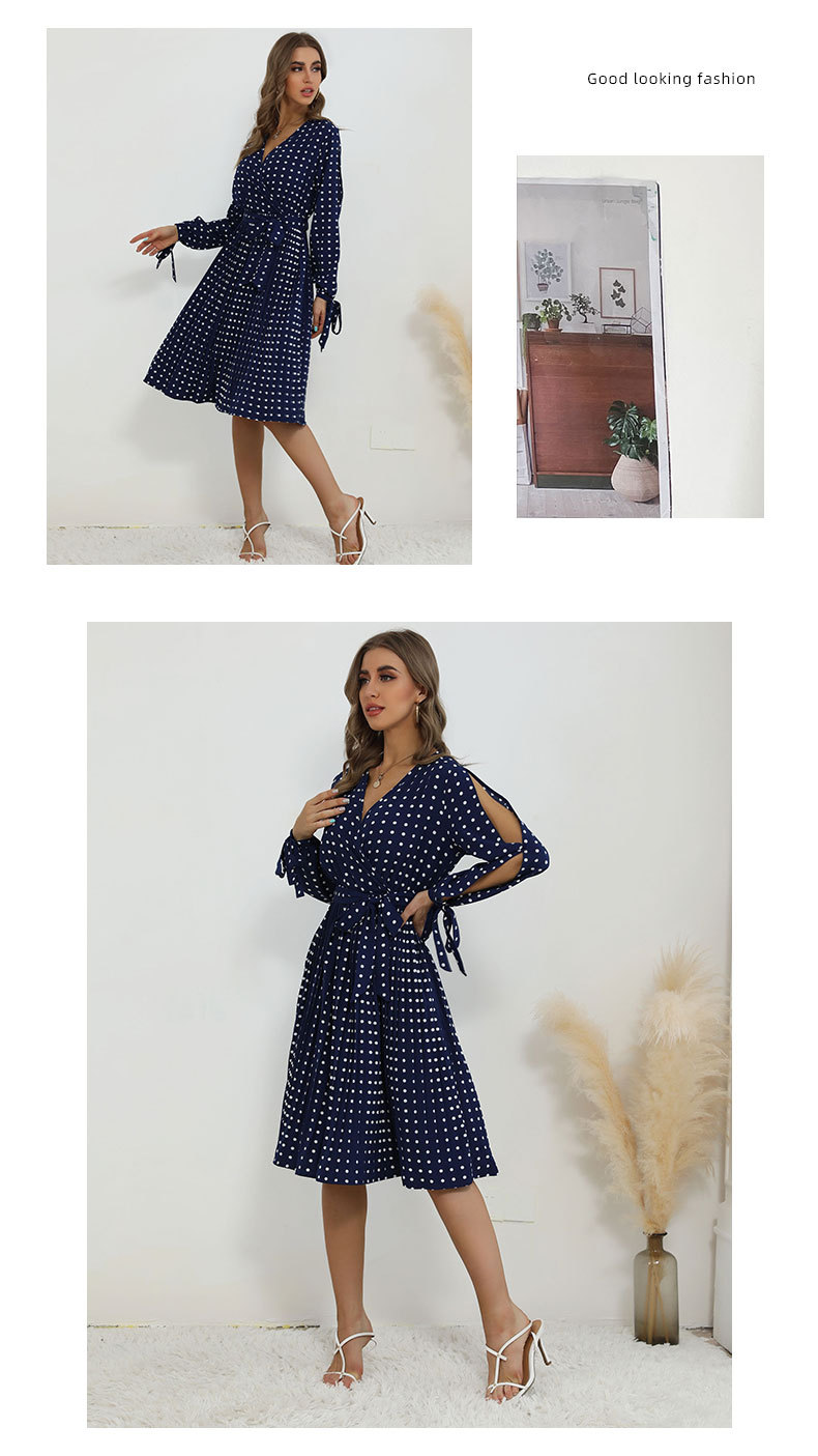 v-neck long-sleeved hollow lace-up polka-dot dress nihaostyles wholesale clothing NSDMB89401