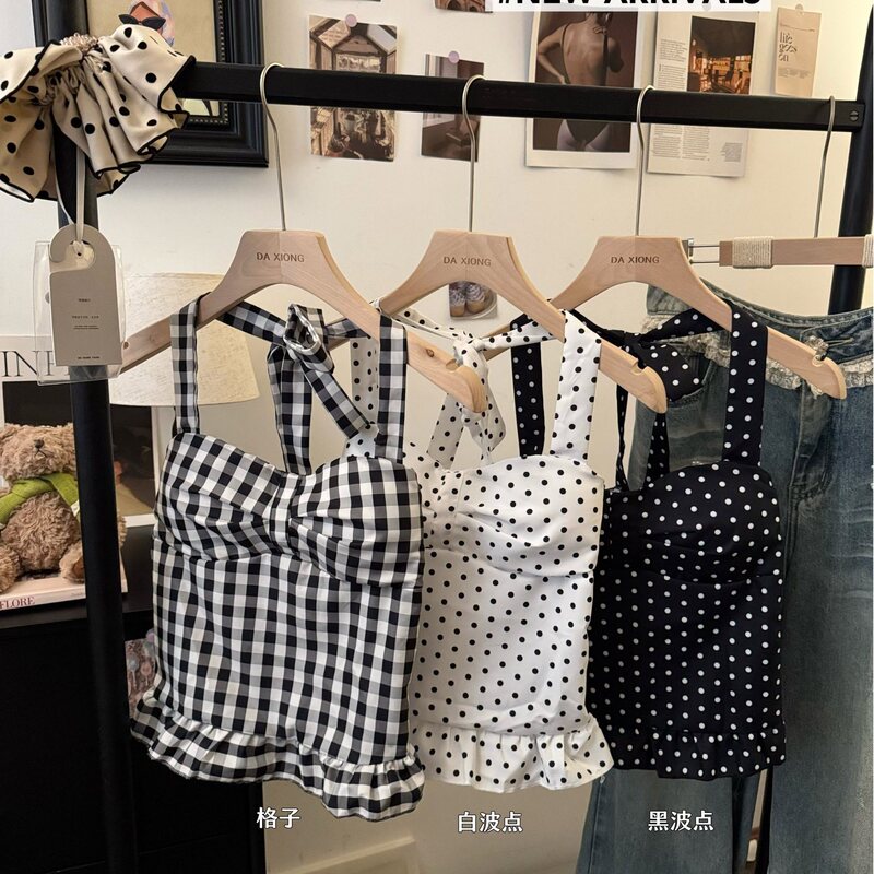 French-Style Halter Neck Camisole for Women, Early Autumn Plaid Sweet Waist-Cinching Design, Short Outerwear Top Trendy French-Style Halter Neck Camisole for Women, Early Autumn Plaid Sweet Waist-Cinching Design, Short Outerwear Top Trendy