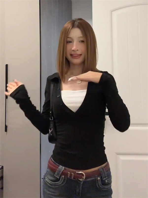 韩系假两件半纽扣长袖t恤女早秋季修身百搭显瘦气质上衣|undefined