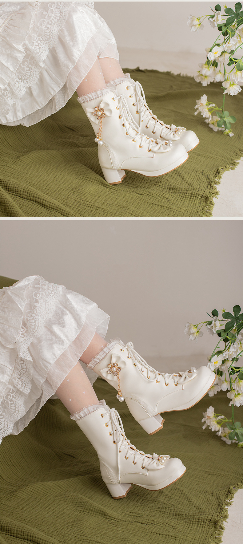 Female Bow Thick Heeled Short Boots Lolita Shoes