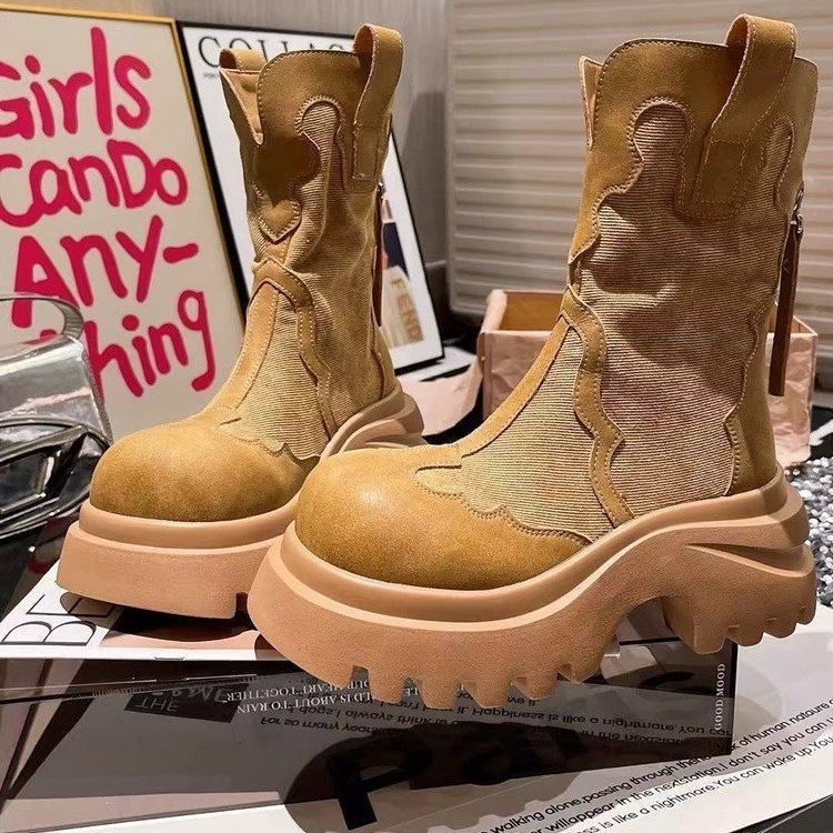 复古舒适牛仔大头厚底时装靴女2025新款小个子增高时装靴时装女款|undefined