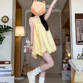 甜美黄色可爱无袖背心连衣裙小个子学生夏季新款宽松花苞裙子