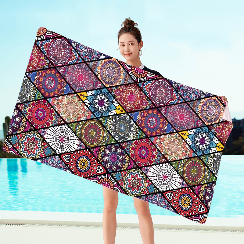 Cross-Border Adult Beach Towel, Breathable, Water-Absorbent, Microfiber Printed Custom Swimming Beach Shawl, Quick-Drying Bath Towel