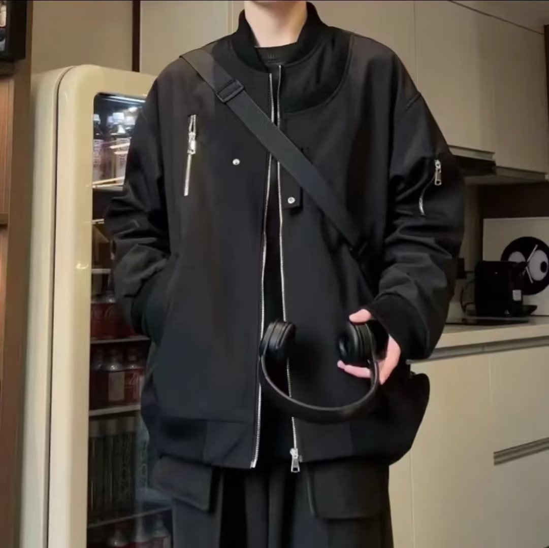 New retro zipper design, black pilot jacket, men's trendy and cool jacket, double layered thick top_voghion.com