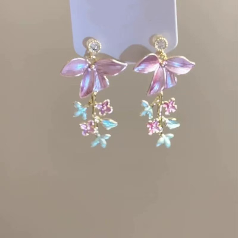 Pendientes de flores de color dopamina Pendientes dulces y frescos de primavera y verano Pendientes pequeños y elegantes de alta gama para mujer
