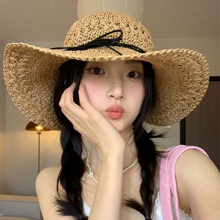 2026新款蝴蝶结草帽女镂空钩花可折叠海边沙滩大帽檐防晒渔夫帽