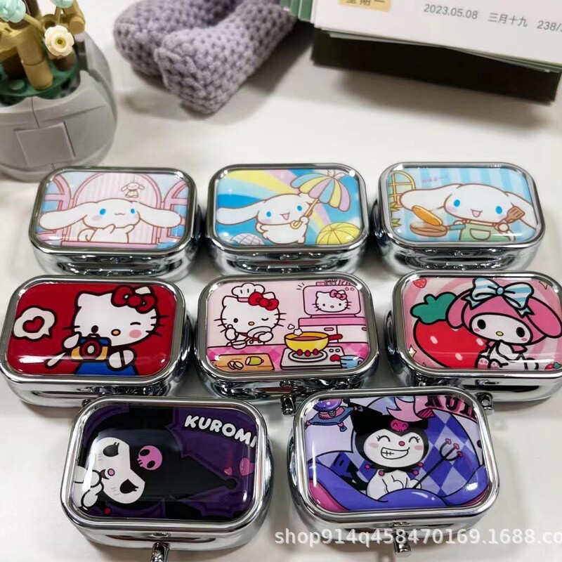 Cartoon Kitty Divided Metal Small Medicine Box Portable Packaging Box Earring Box Multi-Functional Sanrio Storage Medicine Box