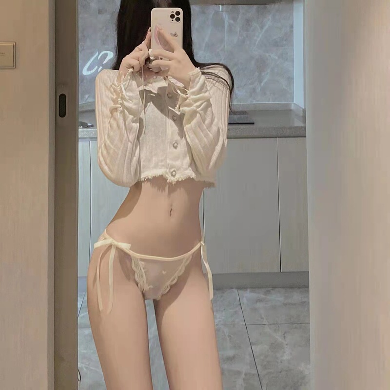 Cream Lace Sexy Scheming Seamless Mid-Low Waist Briefs for Women See-Through Ultra-Thin Temptation Bow Panties for Women