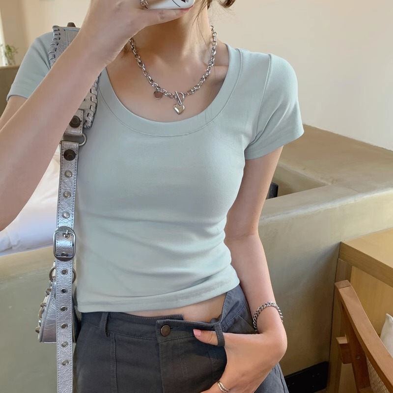 Dropshipping Pure Desire U-Neck Clavicle T-Shirt Women's Right Shoulder Short-Sleeved Summer Tight Sexy Pure Cotton Navel-Baring Short Top