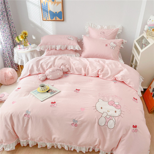 Girly heart 60 count long-staple cotton four-piece set 100% cotton pink Kitty cat patch embroidered lace quilt cover bedding