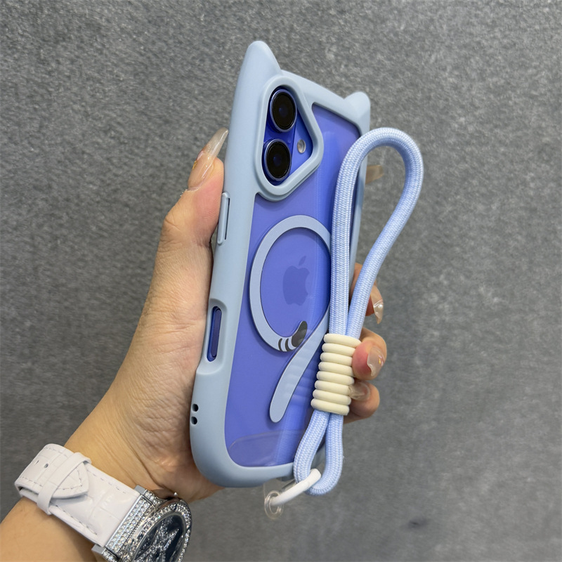 适用iPhone17PRO猫耳朵磁吸手机壳带挂绳苹果16E透明防摔15保护套|undefined
