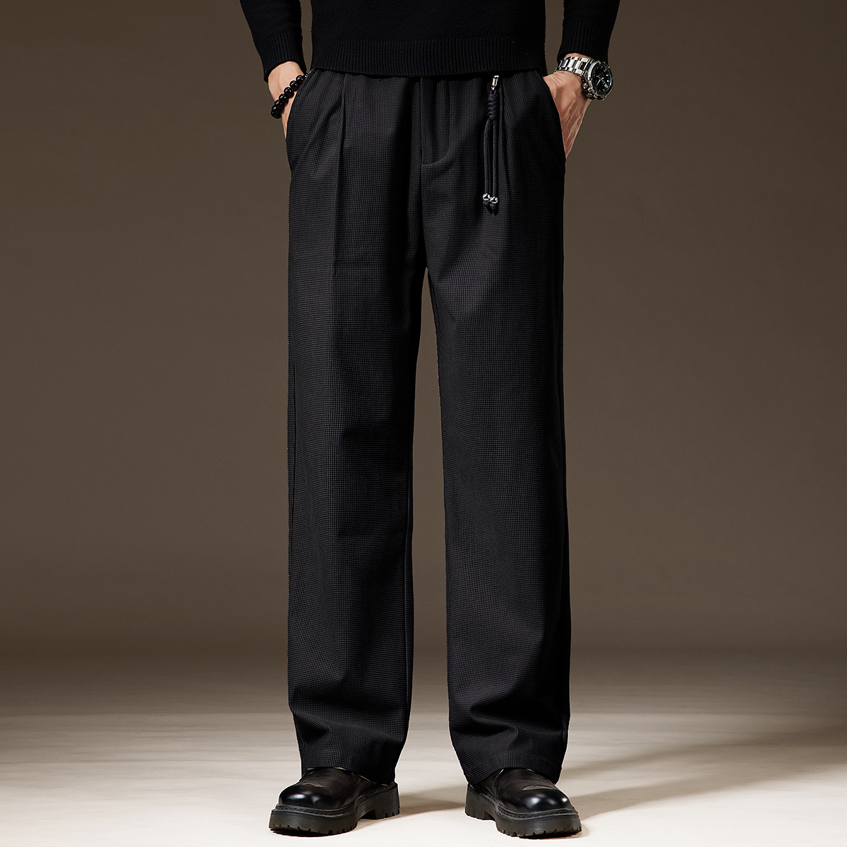 High-End Textured Waffle Draped Straight Casual Pants for Men Spring & Fall New Retro Loose Wide-Leg Trousers for Men