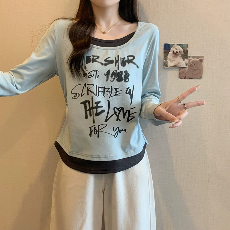 Spring set with letters, long-sleeve, T-shirt, plus size
