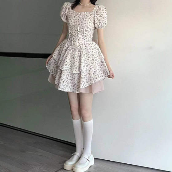 Japanese Style Sweet Soft Girl Bow Puffy dress Girl Student Korean Style Tight Waist Slimming Super Fairy Princess Skirt