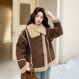 咖色仿皮毛一体羊羔毛棉服外套女2025冬新款小个子短款加绒小棉袄