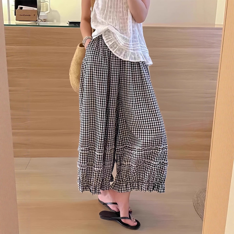 木耳边黑白格子阔腿裤女夏薄款2025新款松紧腰休闲宽松灯笼九分裤|undefined