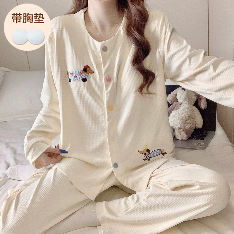 Waffle Pajamas for Women, Loose Fit with Chest Pads, Spring and Autumn Round Neck Cardigan, Simple Casual Loungewear Set, Can Be Worn Outside Waffle Pajamas for Women, Loose Fit with Chest Pads, Spring and Autumn Round Neck Cardigan, Simple Casual Loungewear Set, Can Be Worn Outside