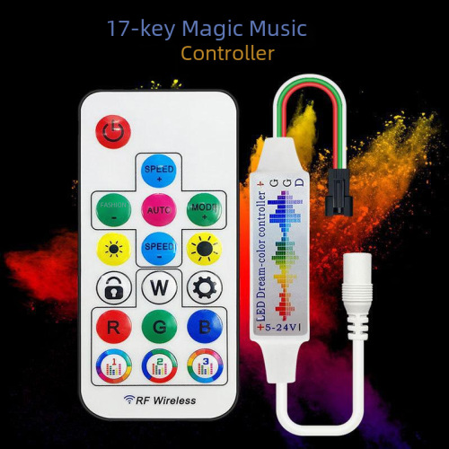 RF17 Key Chameleon Music LED Strip Controller DC/USB Head Full Color 5-24V Light Strip Sound Control Dimming Remote