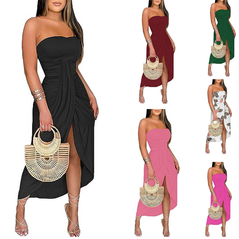 Amazon cross-border Women's strapless pleated high waist wrap split beach dress 2023 European and American new popular