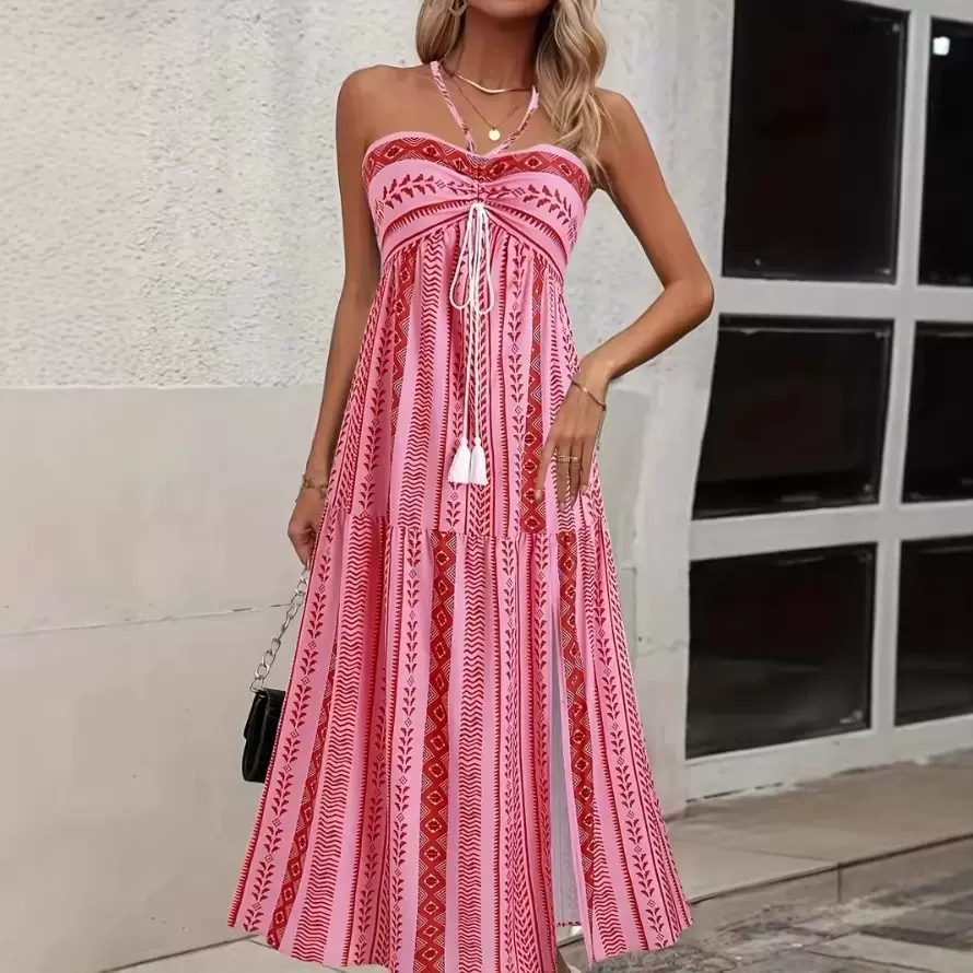 2025夏季新款欧美跨境波西米亚风时尚印花吊带高腰长裙套装
