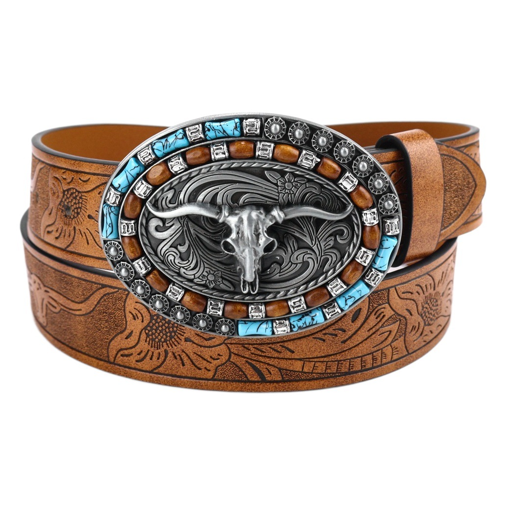 Cross-border Western Denim cinturón Cabeza de Vaca placa grande hebilla de moda Retro Juventud Retro de los hombres punk cinturón de cuero