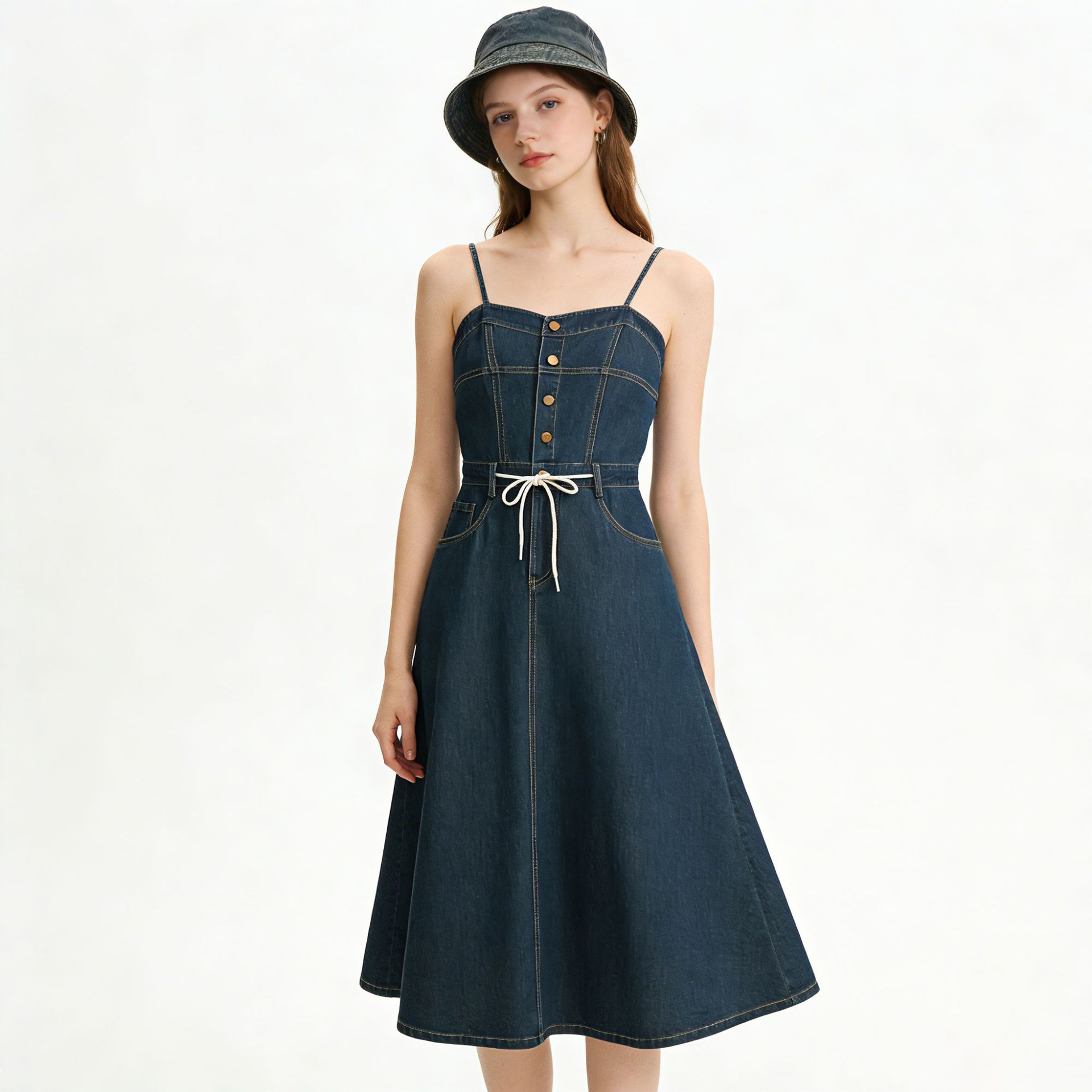 Đầm maxi nữ denim phong cách vintage thiết kế dây đeo thắt eo — xanh lam chi tiết 3