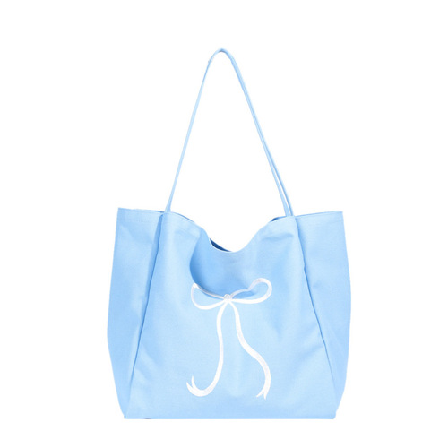 Large-capacity bow embroidery canvas tote bag for women, teenage girl's heart cute single-shoulder cloth bag for commuting and working, hand-held