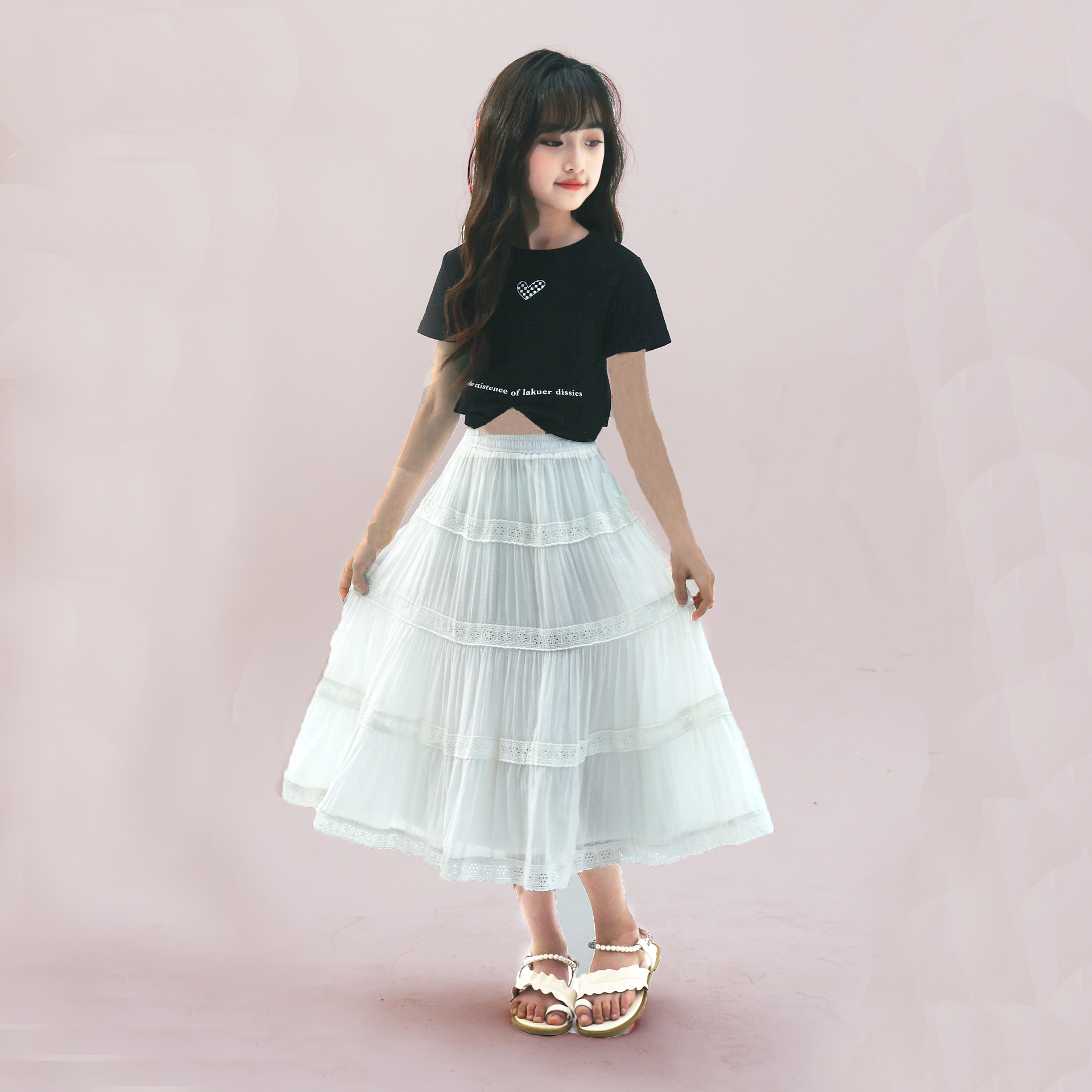 法式氣質女孩白色蕾絲花邊半身裙兒童春夏新款顯瘦童裝A字大擺裙