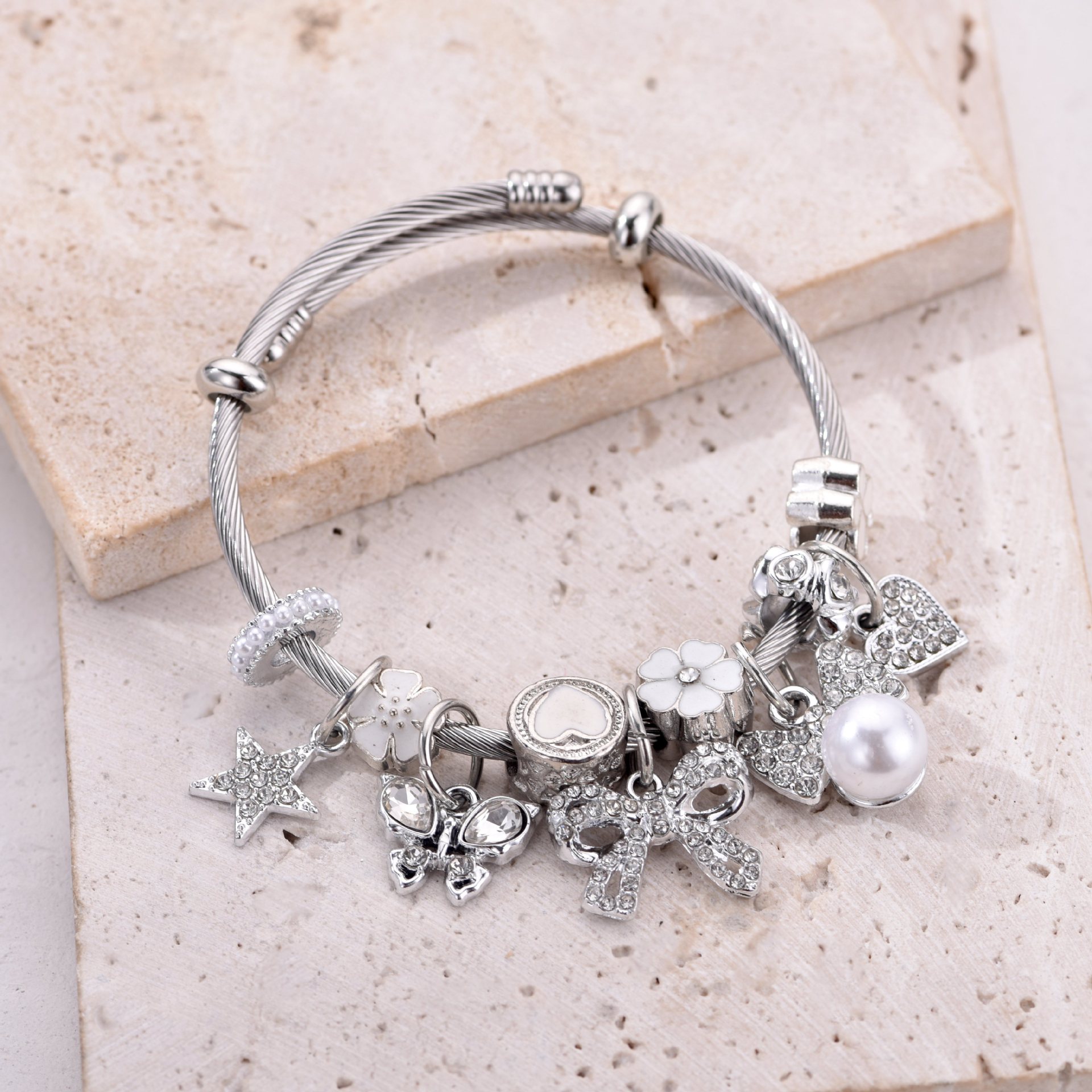 Alloy Butterfly Flower Bracelet With Rhinestones And Bow Detail_voghion.com