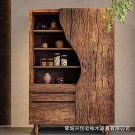 侘寂风实木餐边柜中古风茶室民宿酒水柜边柜风化实木转角柜落地柜