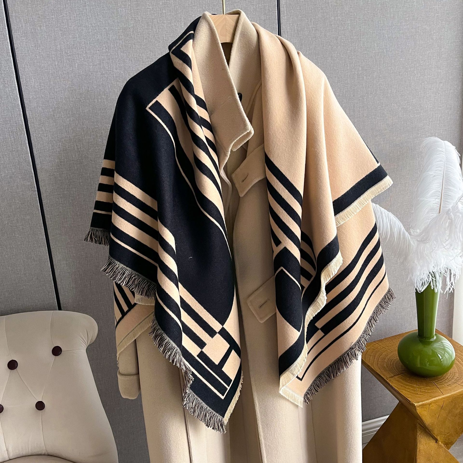 2023 Striped Double sided Imitation Cashmere Scarf for Women's Air Conditioning Shawl with Outer Cape Dual purpose Warm_voghion.com
