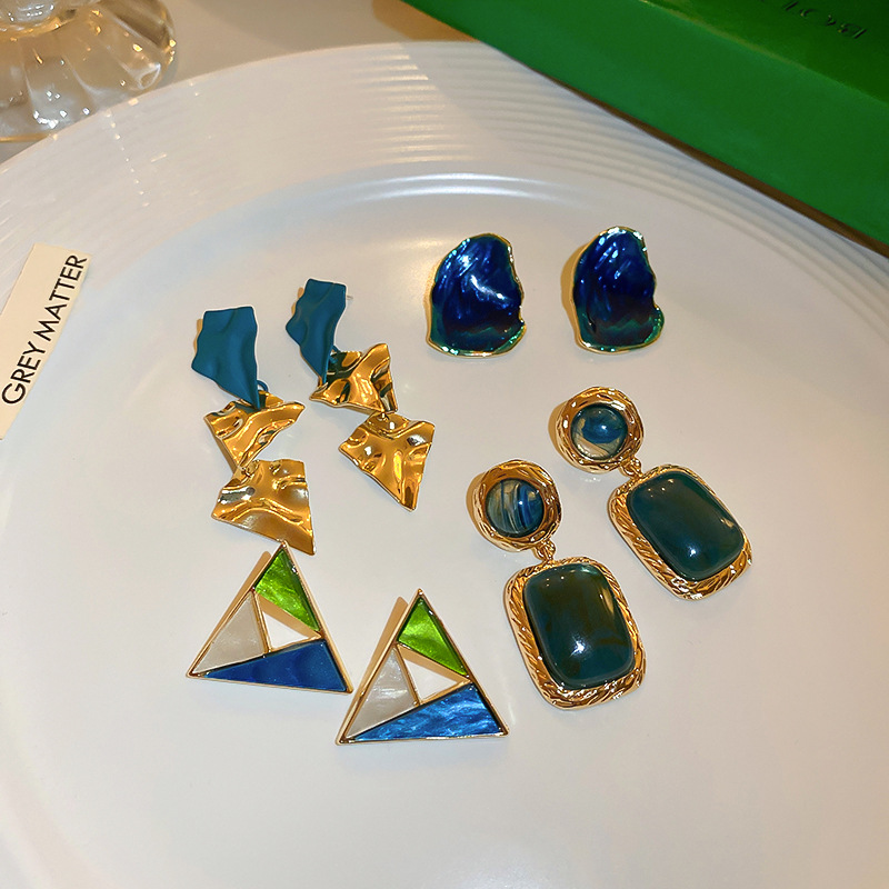 17g Weight No Inlaid Inlay Material Fashion Ink Blue Color Geometric Circle Square Triangle Alloy Earrings Wholesale