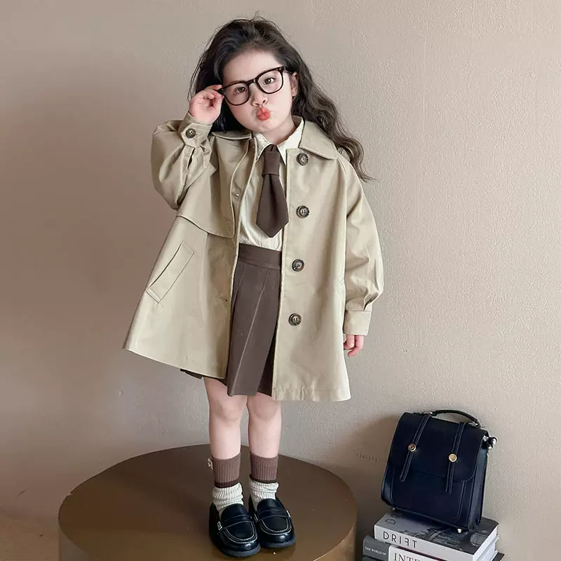 女童中长款风衣2025春秋款儿童外套秋季新款中小童洋气连帽上衣潮