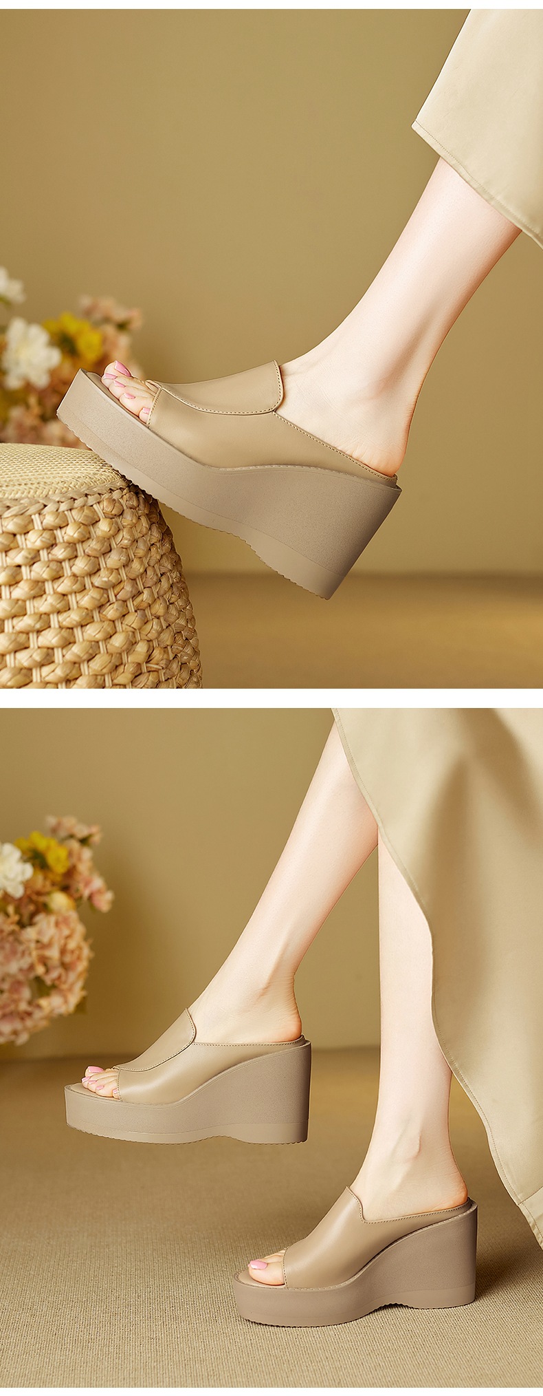 Dép sandal nữ quai chữ V đế xuồng cao gót 9 cm da bò mũi cá — đen chi tiết 5
