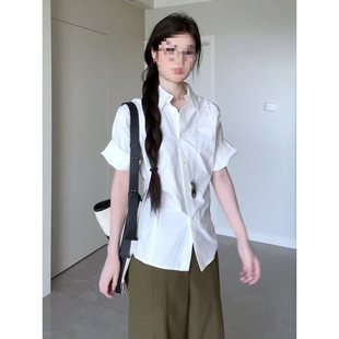 White Retro Short-Sleeved Collared Shirt for Women 2025 Summer New Design Waist Slimming Versatile Top Trendy