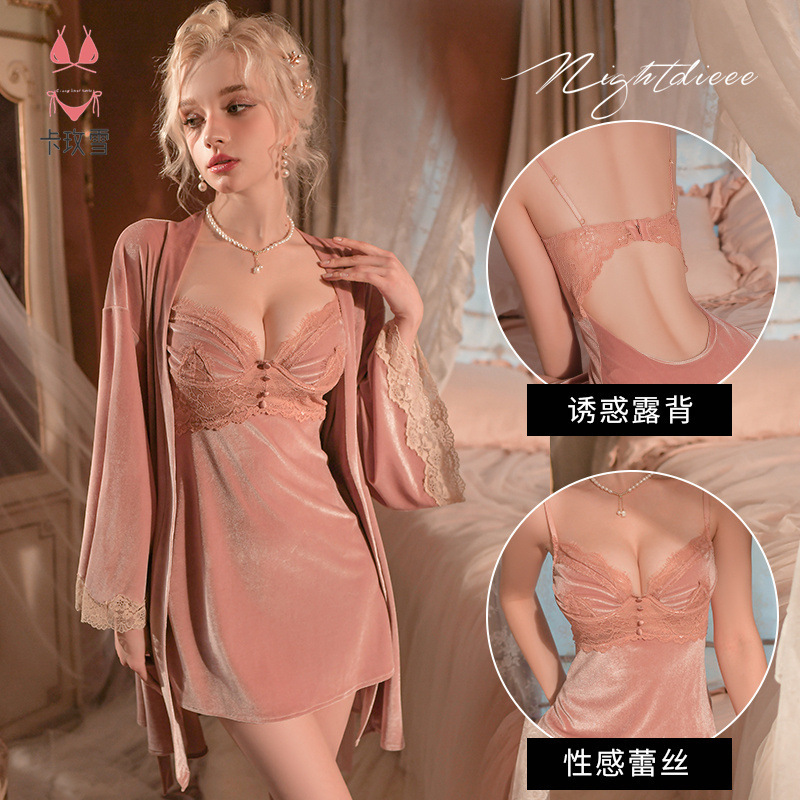 Camexue new home spring and autumn gold velvet gathered lace sexy deep V strap nightdress suit 1934 Camexue new home spring and autumn gold velvet gathered lace sexy deep V strap nightdress suit 1934