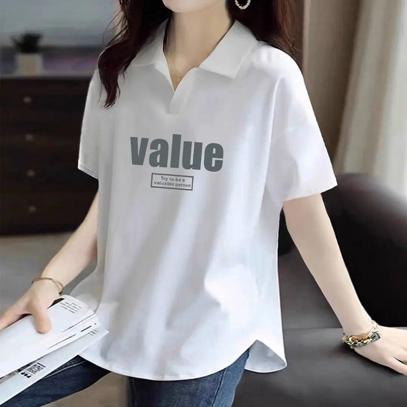 92% 綿POLO襟女装大サイズ半袖tシャツ女性ファッション夏カジュアルファッションゆるい太ったmm痩せた襟|undefined