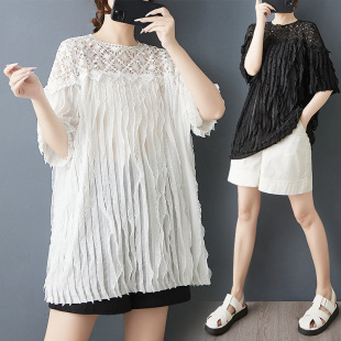 Real Shot of 2025 Summer Plus Size Fat mm Mid-Length Lace Cut Out Stitching Right Shoulder Short-Sleeved T-Shirt Tops for Women